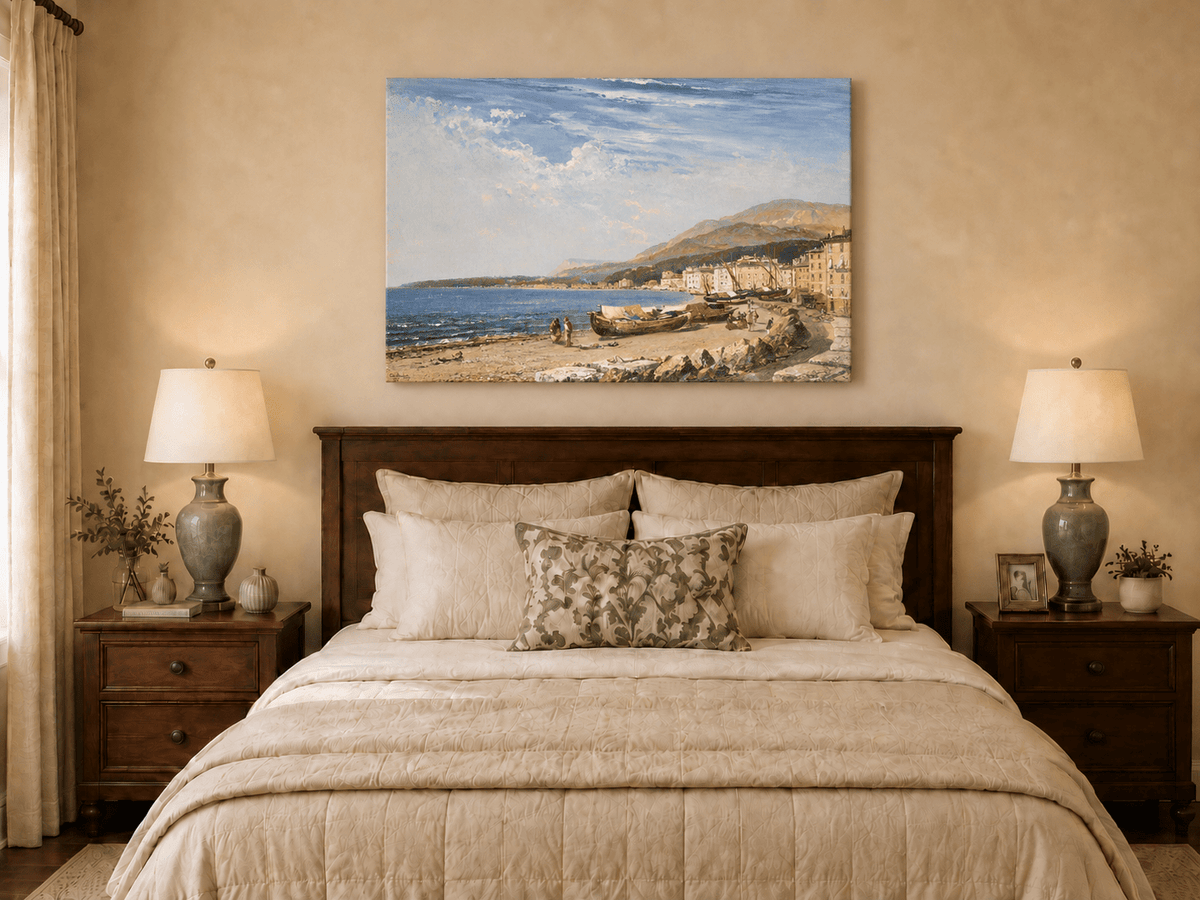 Peinture à l'huile de paysage - Ville côtière avec bateaux et personnages