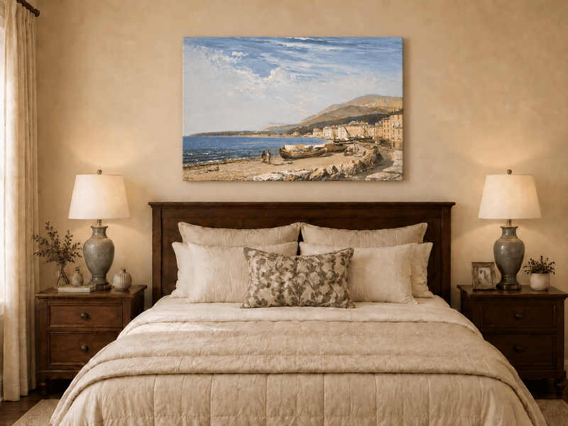 Peinture à l'huile de paysage - Ville côtière avec bateaux et personnages