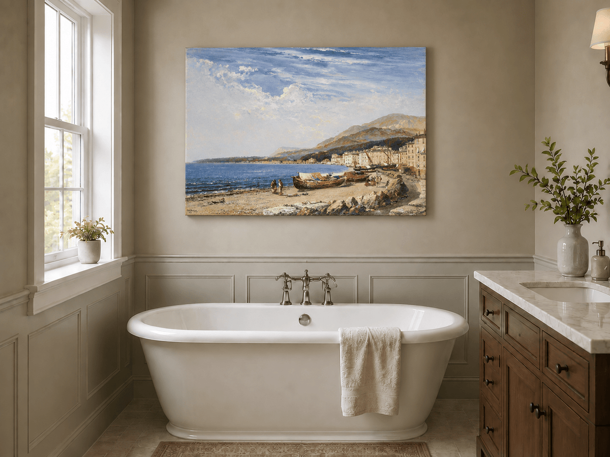 Peinture à l'huile de paysage - Ville côtière avec bateaux et personnages