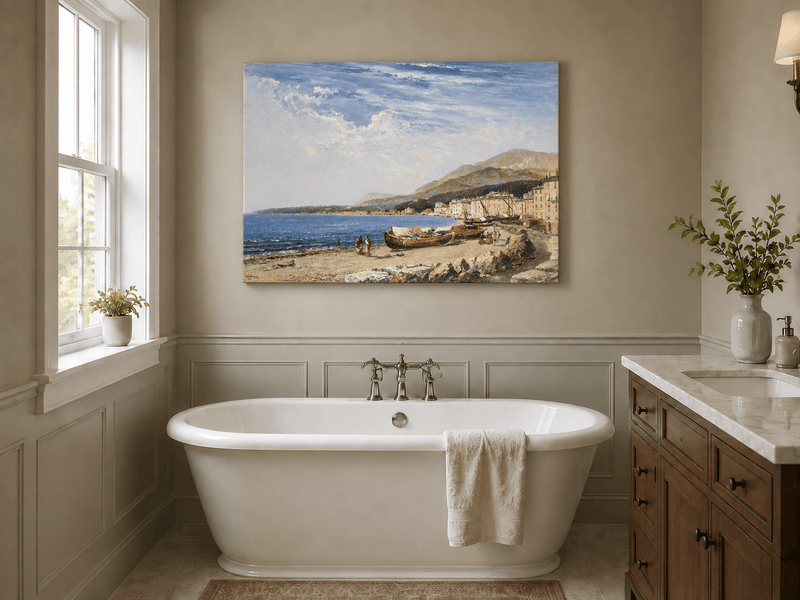 Peinture à l'huile de paysage - Ville côtière avec bateaux et personnages