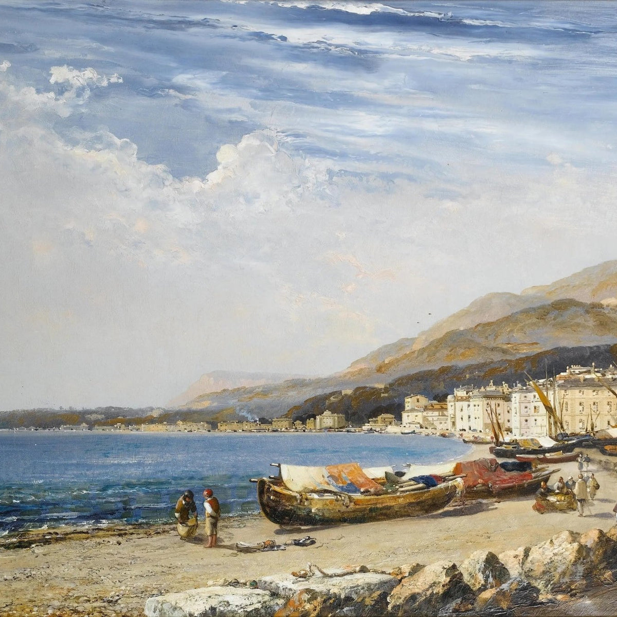 Landscape Oil Painting - Coastal Town with Boats & Figures - Oil Painting Haven