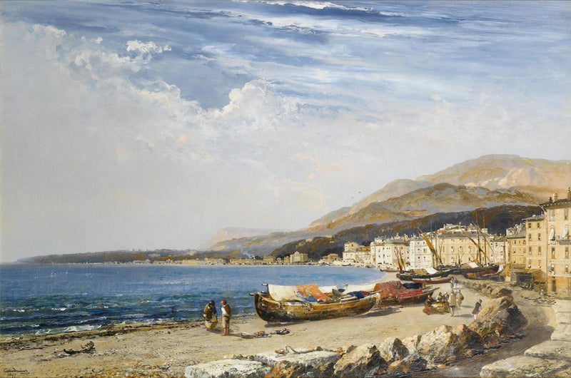 Landscape Oil Painting - Coastal Town with Boats & Figures - Oil Painting Haven