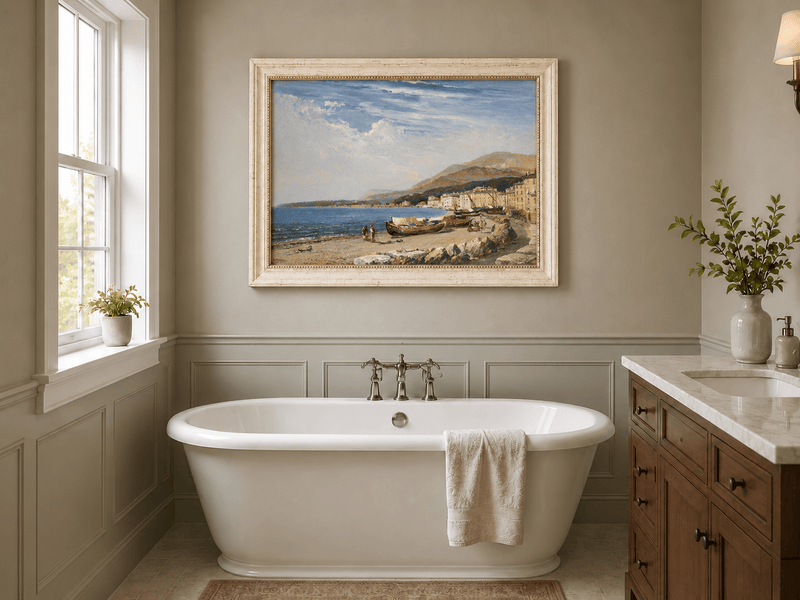 Peinture à l'huile de paysage - Ville côtière avec bateaux et personnages