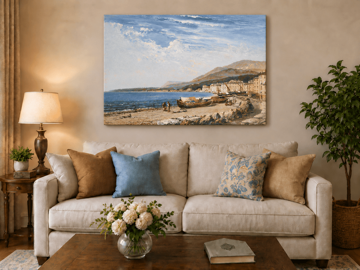 Peinture à l'huile de paysage - Ville côtière avec bateaux et personnages