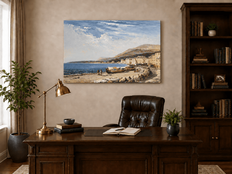 Peinture à l'huile de paysage - Ville côtière avec bateaux et personnages