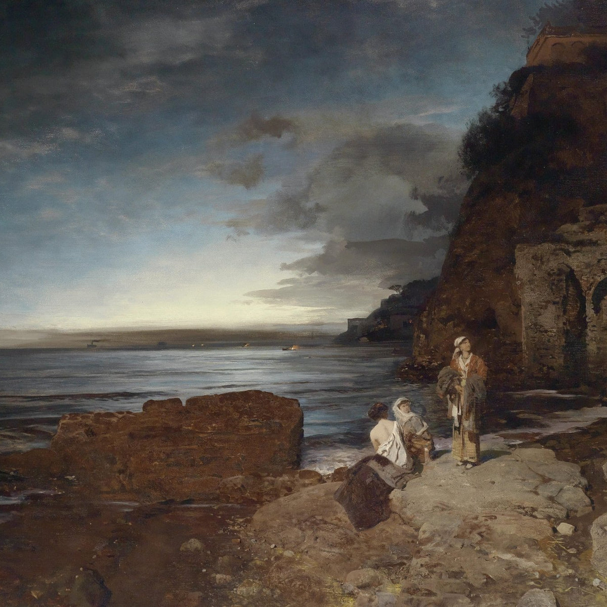 Landscape Oil Painting - Coastal Twilight & Figures on Rocky Shore - Oil Painting Haven