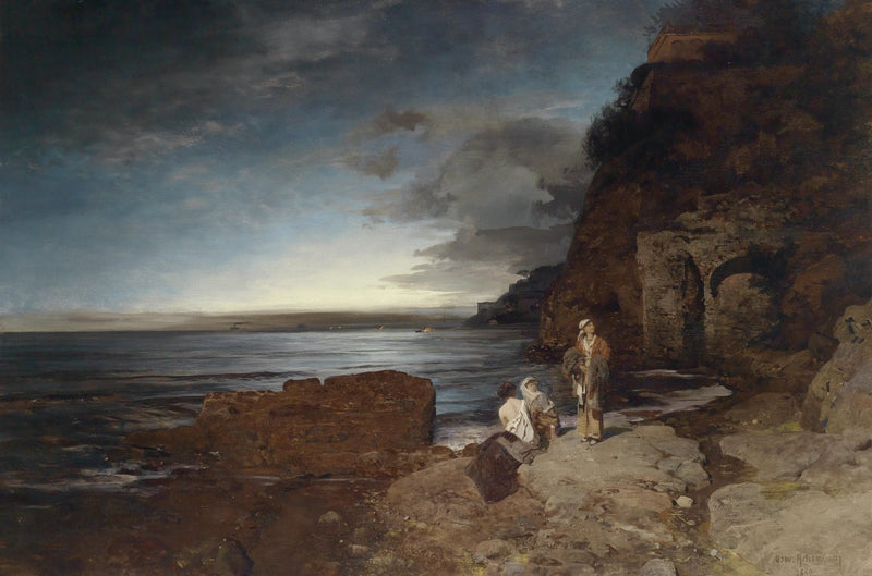 Landscape Oil Painting - Coastal Twilight & Figures on Rocky Shore - Oil Painting Haven