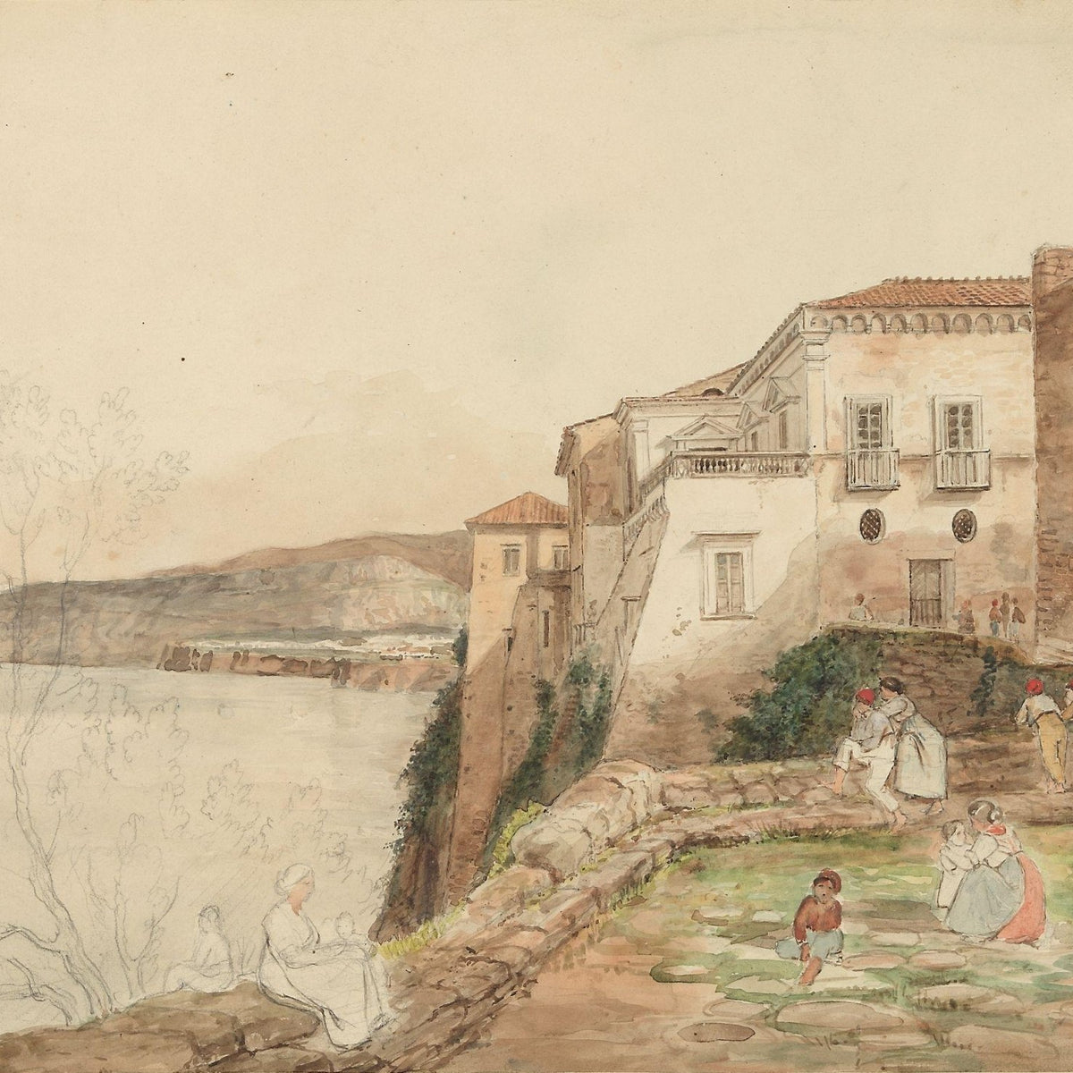 Hand-painted coastal villa terrace by the sea landscape oil painting on canvas