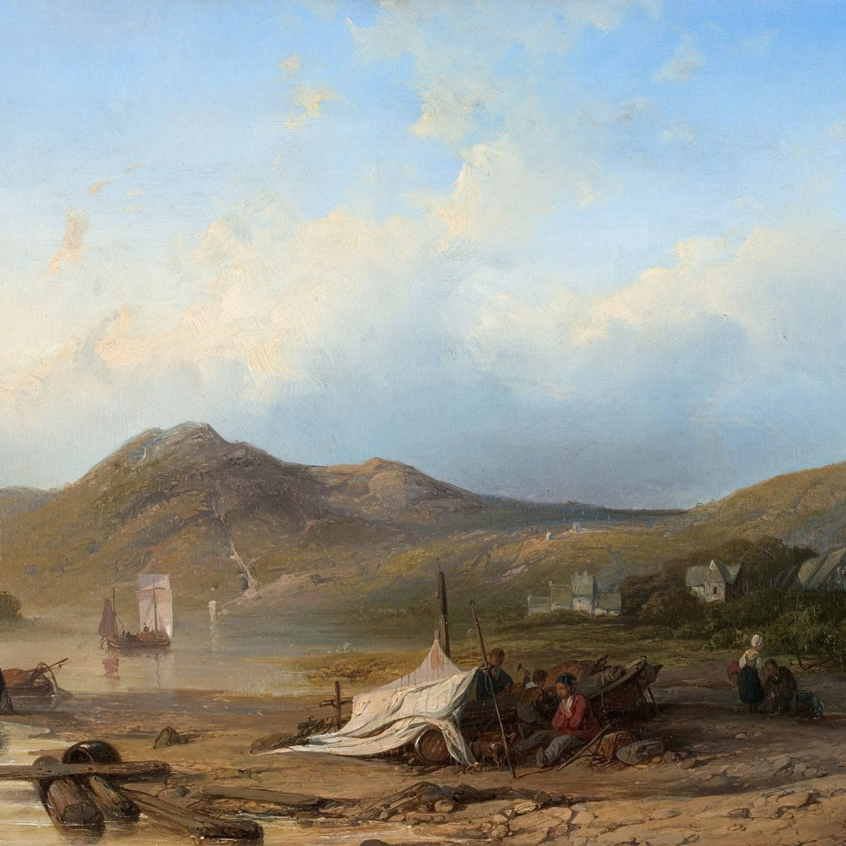 Hand-painted coastal village and boats at low tide landscape oil painting on canvas