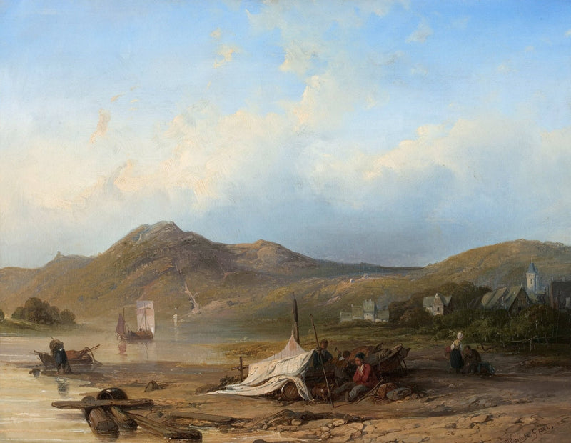 Hand-painted coastal village and boats at low tide landscape oil painting on canvas
