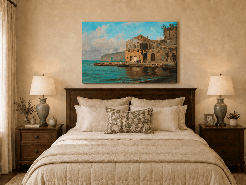 Landscape Oil Painting - Coastal Village and Fishing Boats