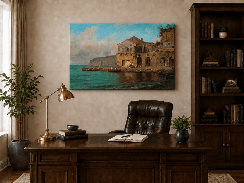 Landscape Oil Painting - Coastal Village and Fishing Boats