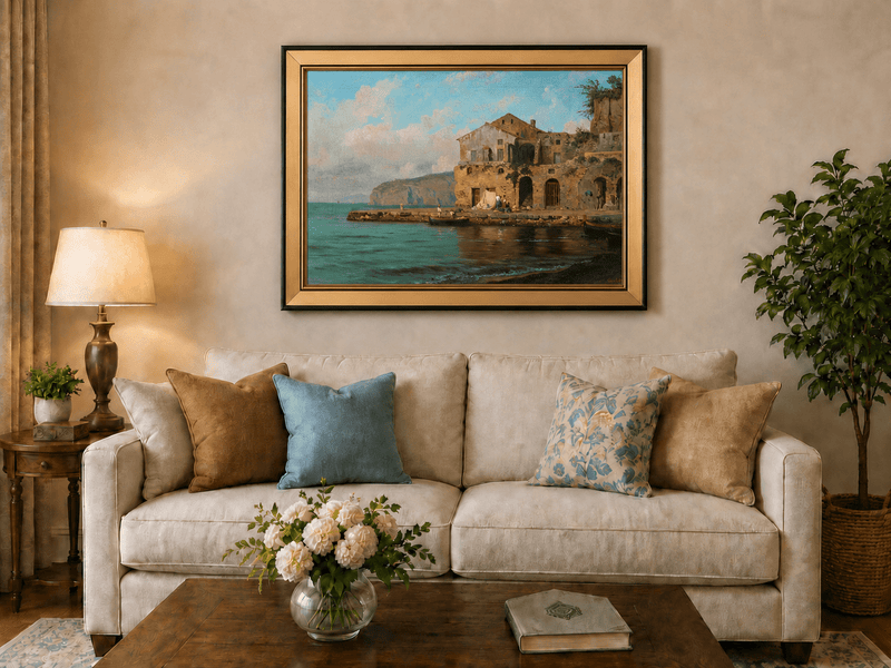 Landscape Oil Painting - Coastal Village and Fishing Boats