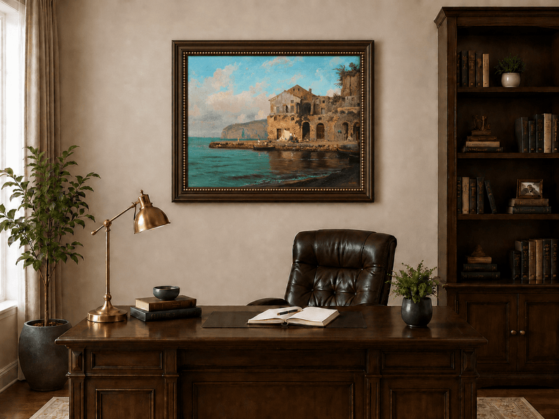 Landscape Oil Painting - Coastal Village and Fishing Boats