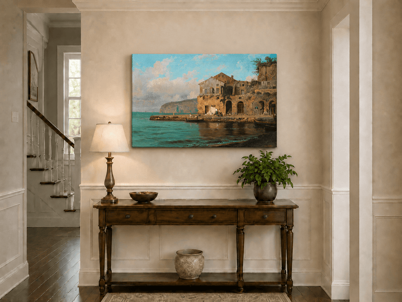 Landscape Oil Painting - Coastal Village and Fishing Boats