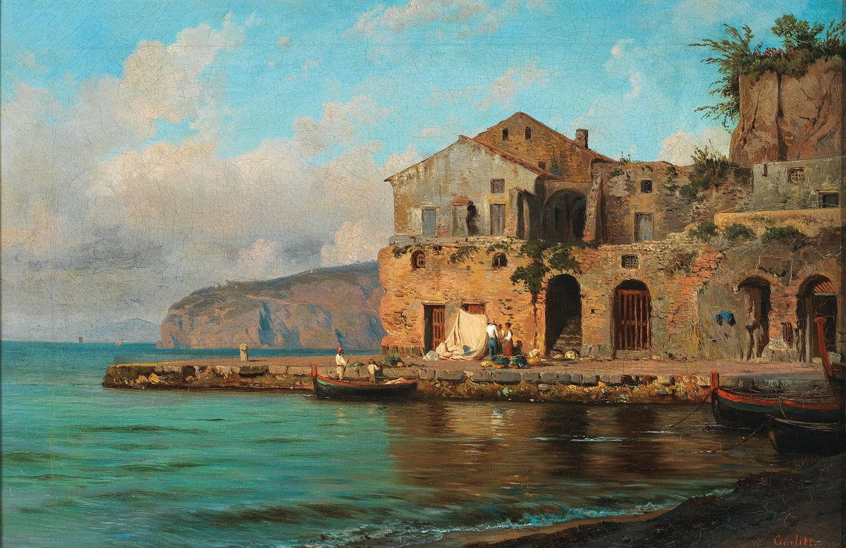 Landscape Oil Painting - Coastal Village and Fishing Boats - Oil Painting Haven