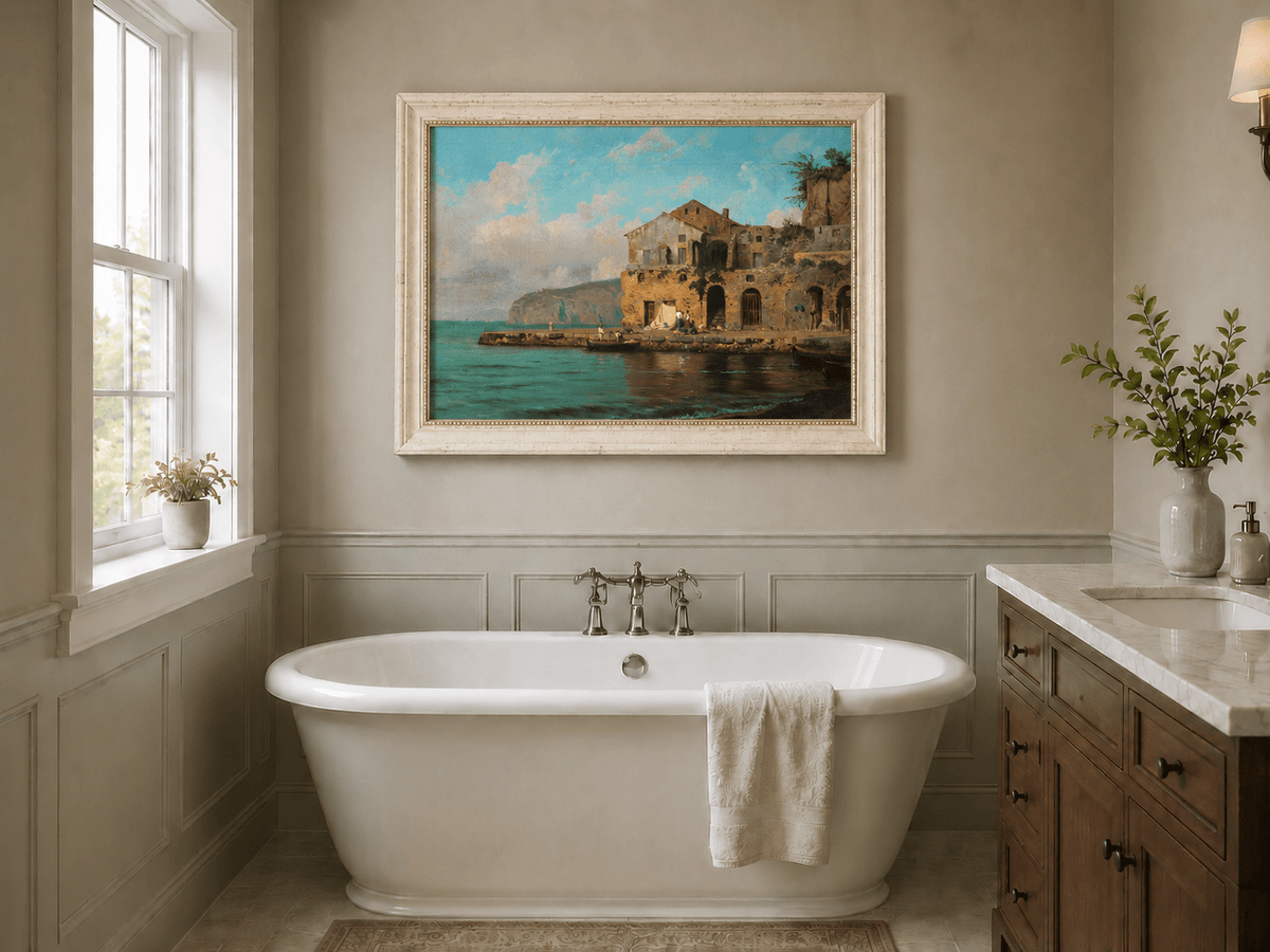Landscape Oil Painting - Coastal Village and Fishing Boats
