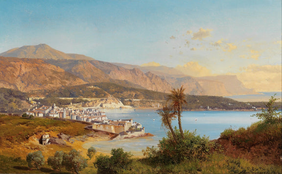Hand-painted coastal village and mountain bay landscape oil painting on canvas
