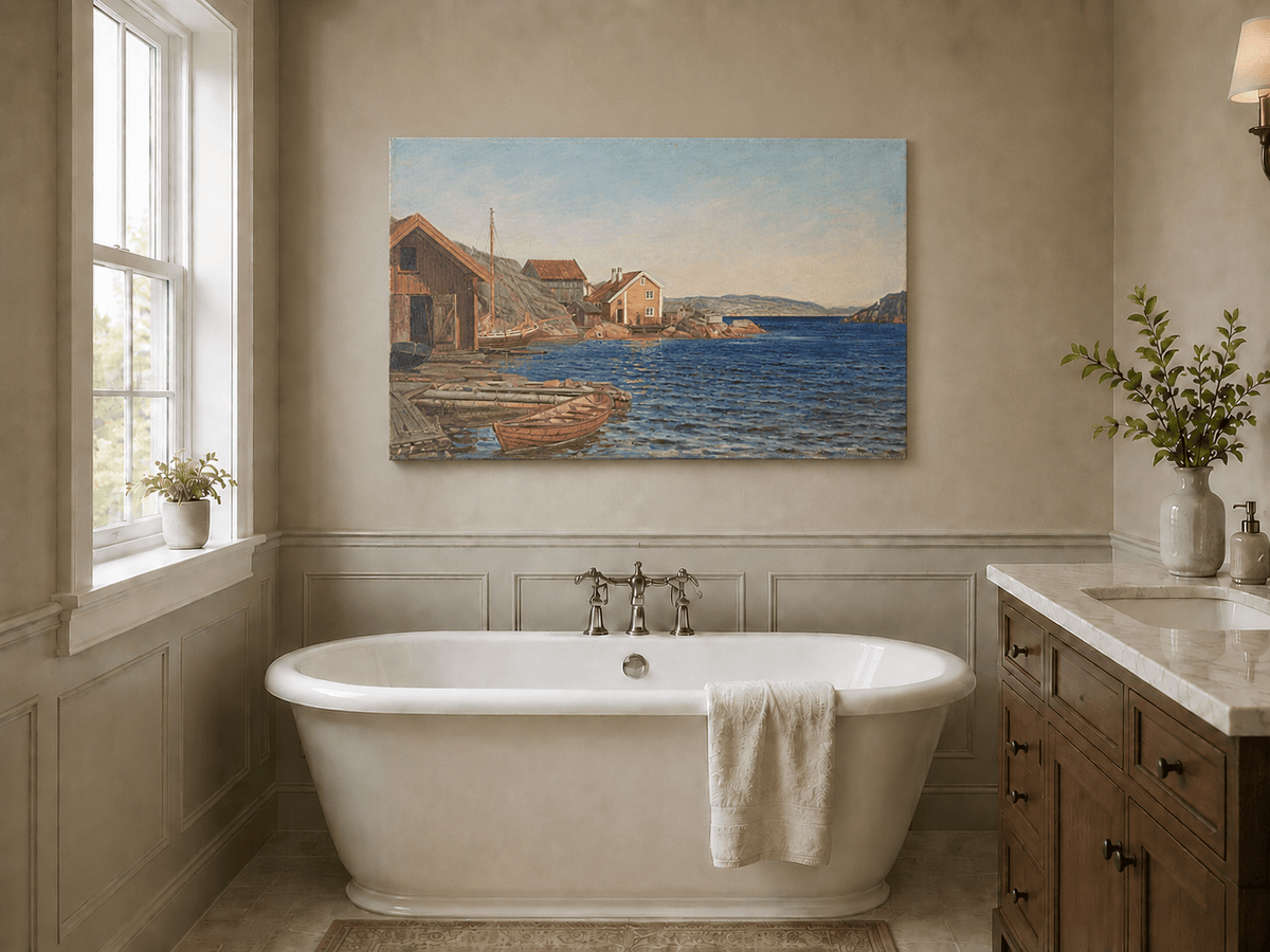 Landscape Oil Painting - Coastal Village Harbor with Boats