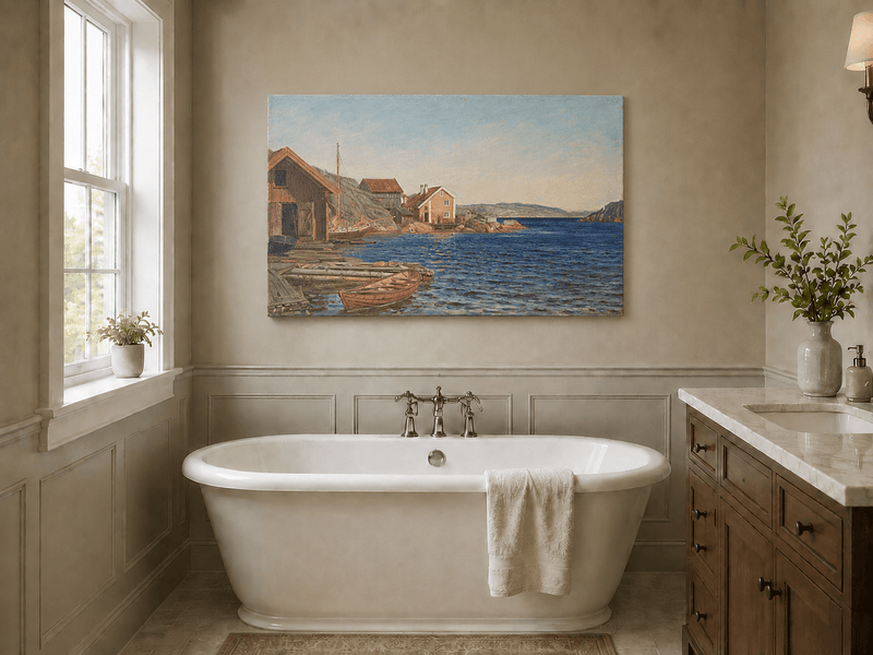 Landscape Oil Painting - Coastal Village Harbor with Boats
