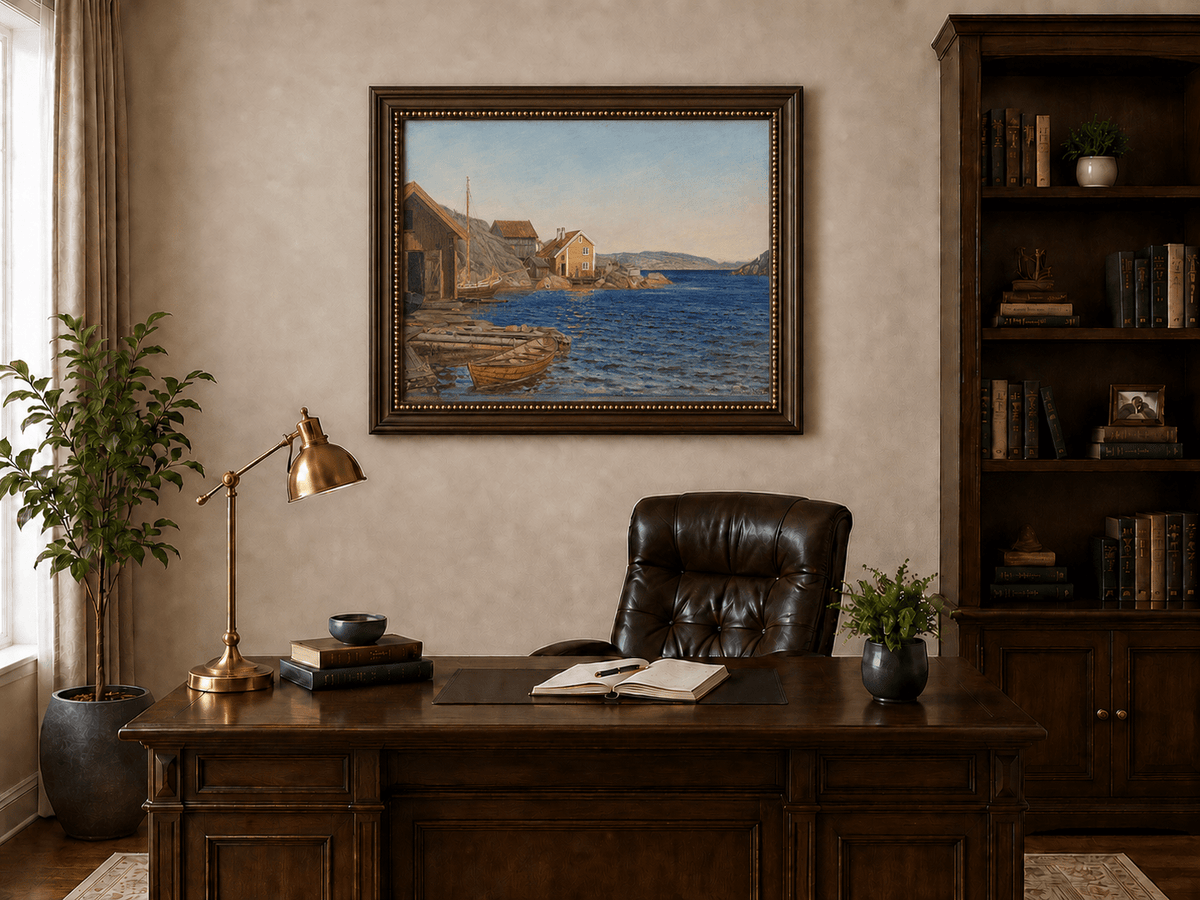 Landscape Oil Painting - Coastal Village Harbor with Boats
