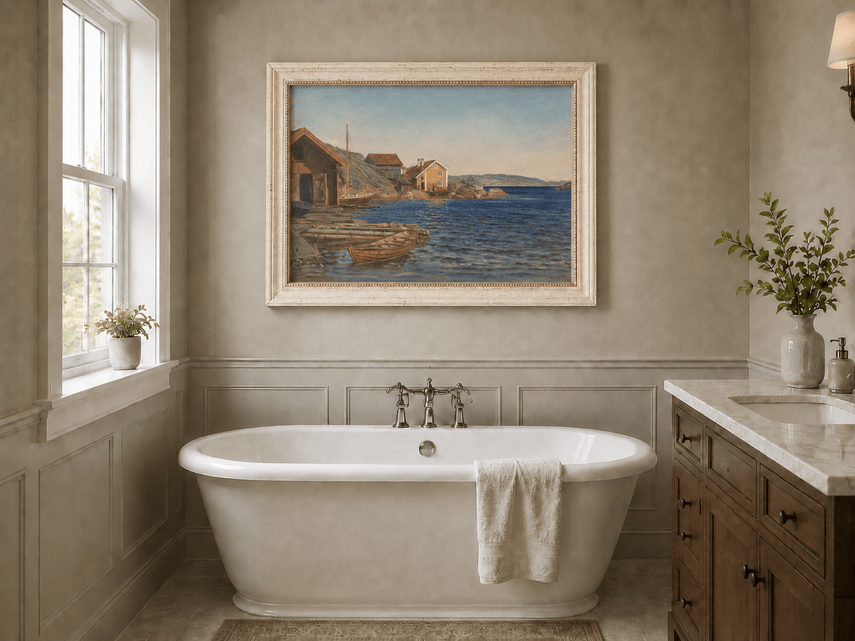 Landscape Oil Painting - Coastal Village Harbor with Boats