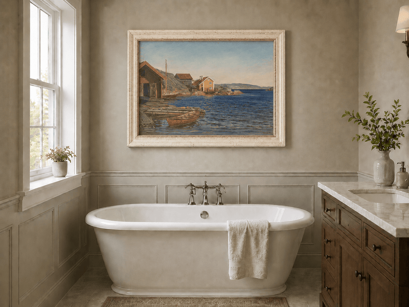 Landscape Oil Painting - Coastal Village Harbor with Boats