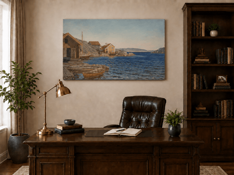 Landscape Oil Painting - Coastal Village Harbor with Boats
