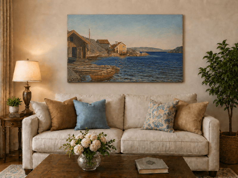 Landscape Oil Painting - Coastal Village Harbor with Boats