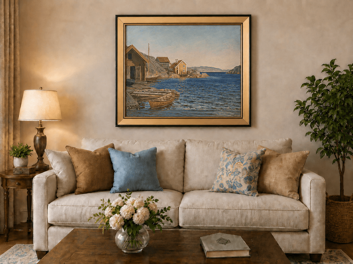 Landscape Oil Painting - Coastal Village Harbor with Boats