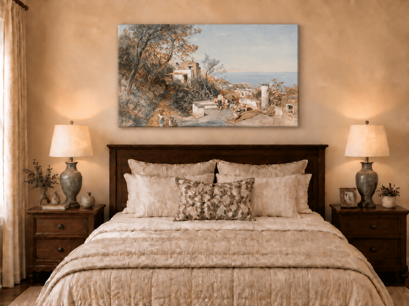 Landscape Oil Painting - Coastal Village Path Figures & Sea