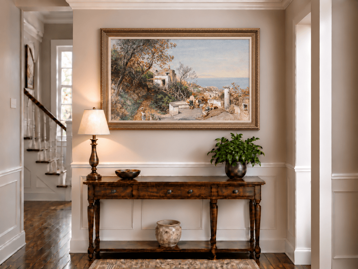 Landscape Oil Painting - Coastal Village Path Figures & Sea
