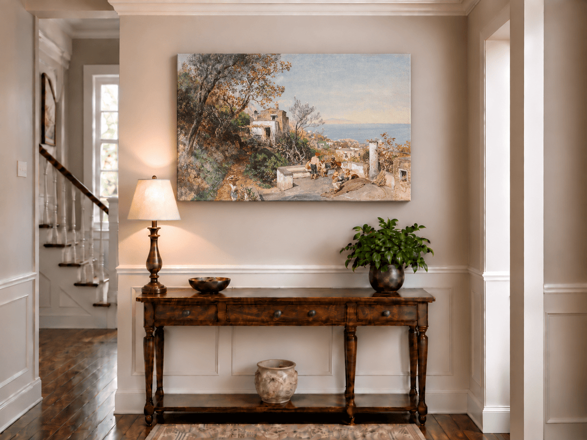 Landscape Oil Painting - Coastal Village Path Figures & Sea