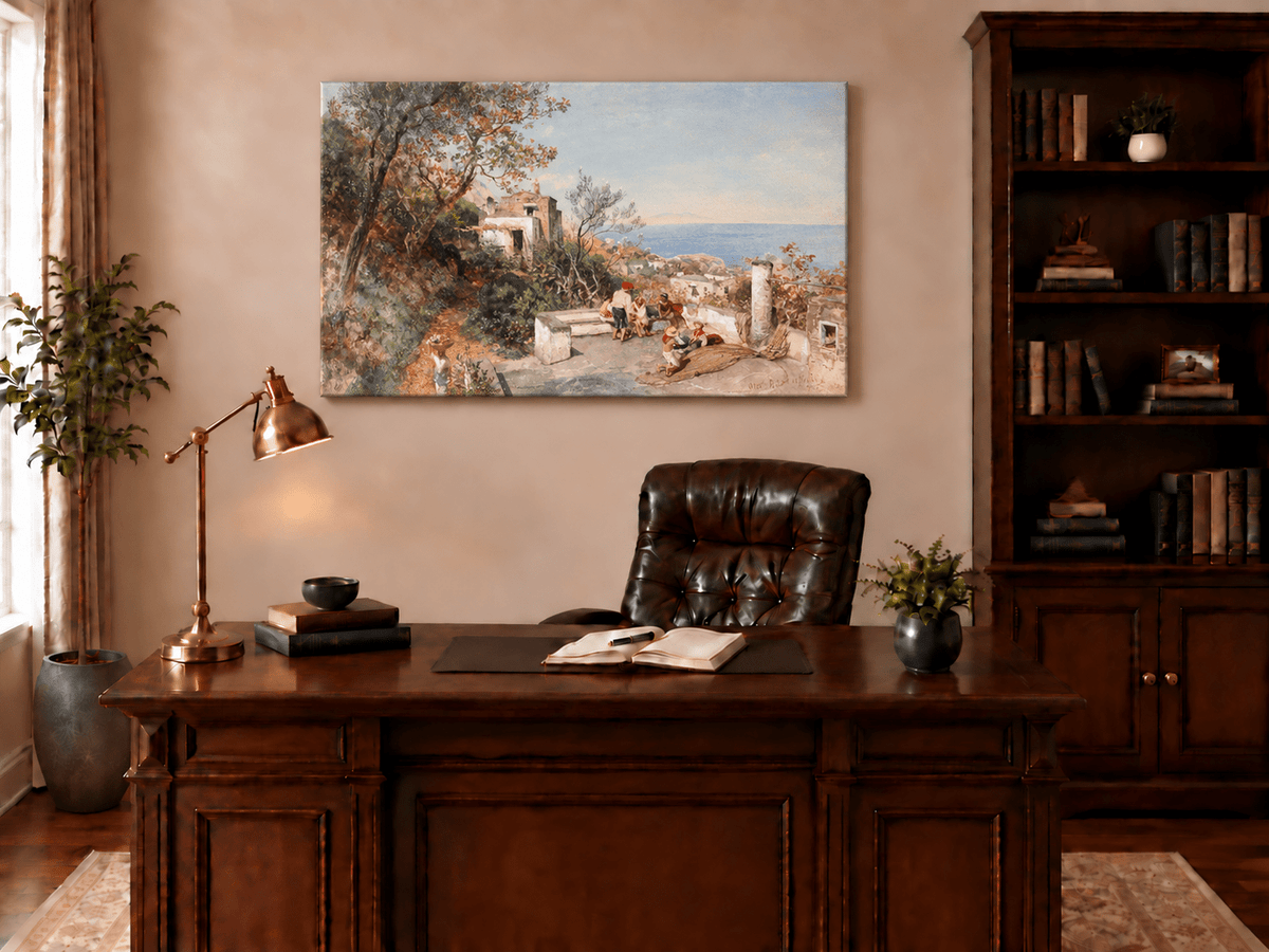 Landscape Oil Painting - Coastal Village Path Figures & Sea