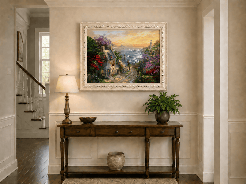 Landscape Oil Painting - Coastal Village with Lighthouse & Sunset