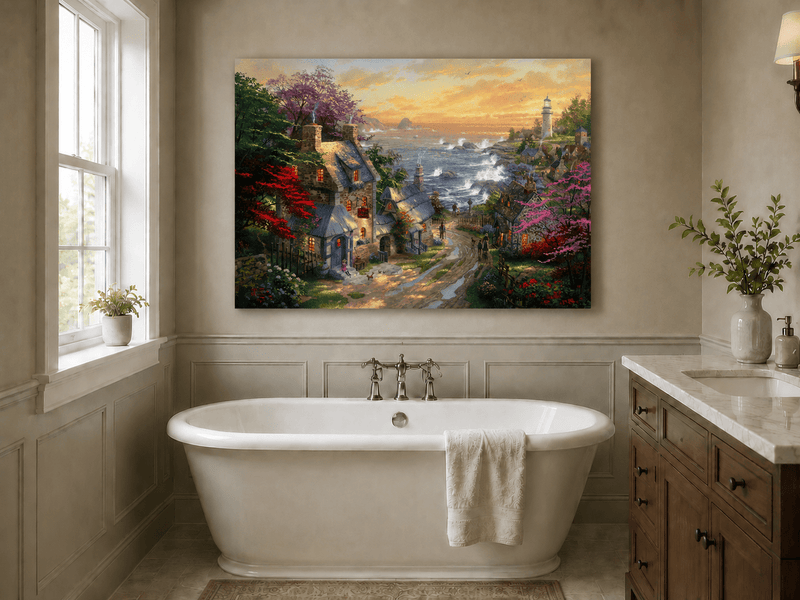 Landscape Oil Painting - Coastal Village with Lighthouse & Sunset