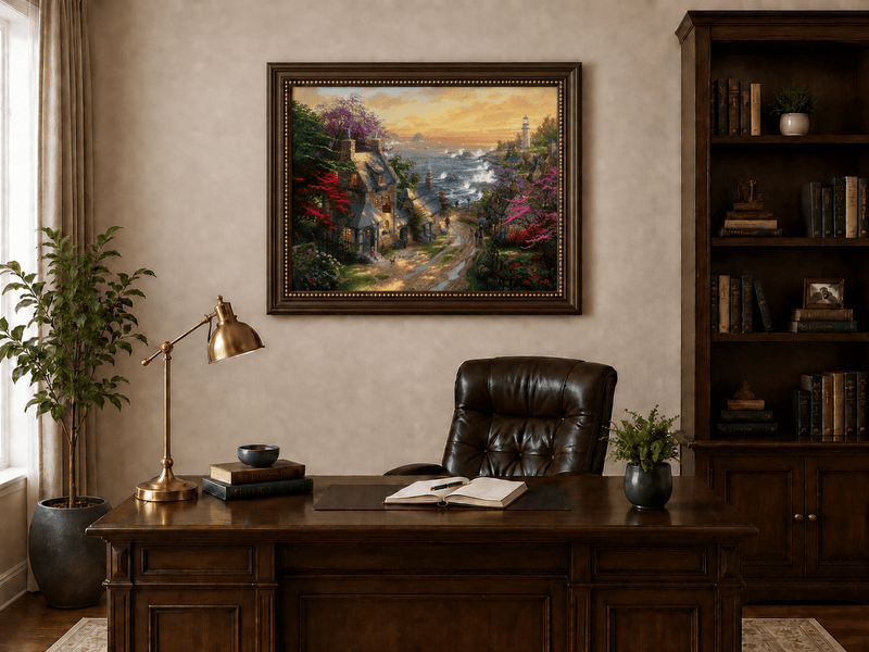 Landscape Oil Painting - Coastal Village with Lighthouse & Sunset
