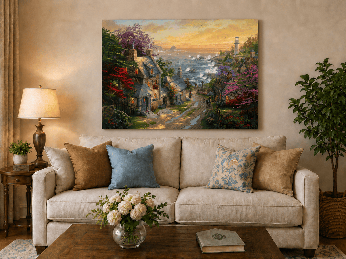Landscape Oil Painting - Coastal Village with Lighthouse & Sunset
