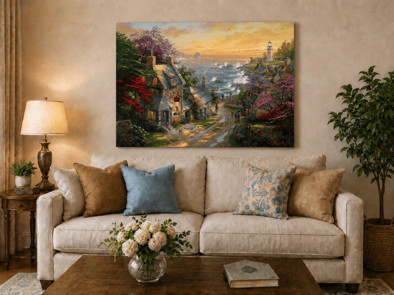 Landscape Oil Painting - Coastal Village with Lighthouse & Sunset