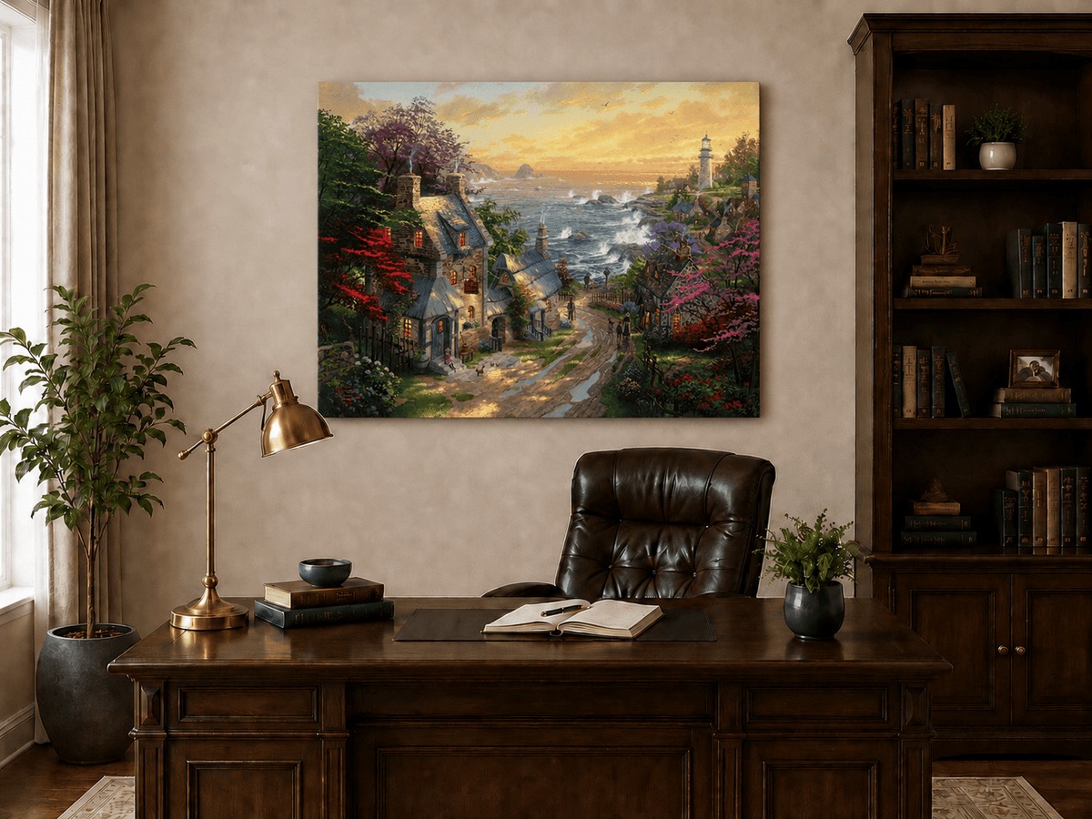 Landscape Oil Painting - Coastal Village with Lighthouse & Sunset