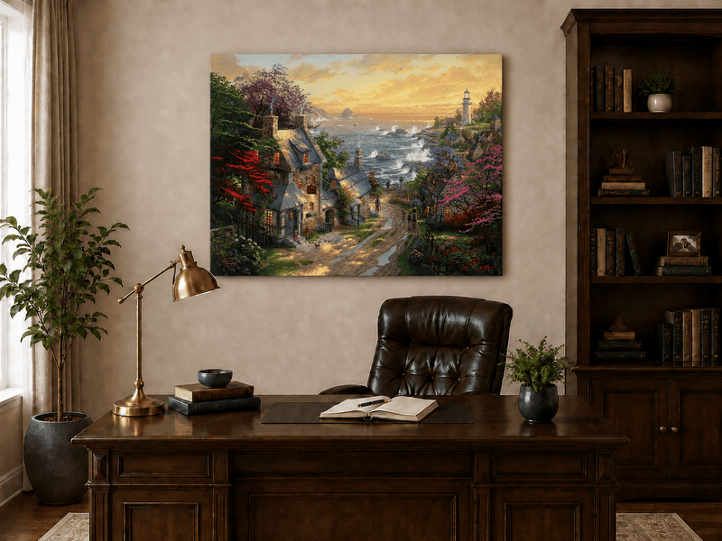 Landscape Oil Painting - Coastal Village with Lighthouse & Sunset