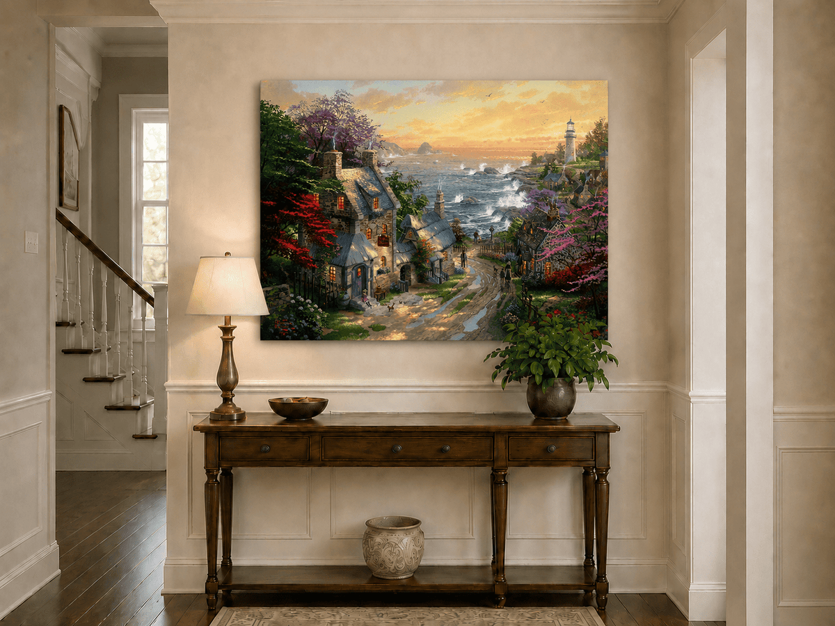 Landscape Oil Painting - Coastal Village with Lighthouse & Sunset