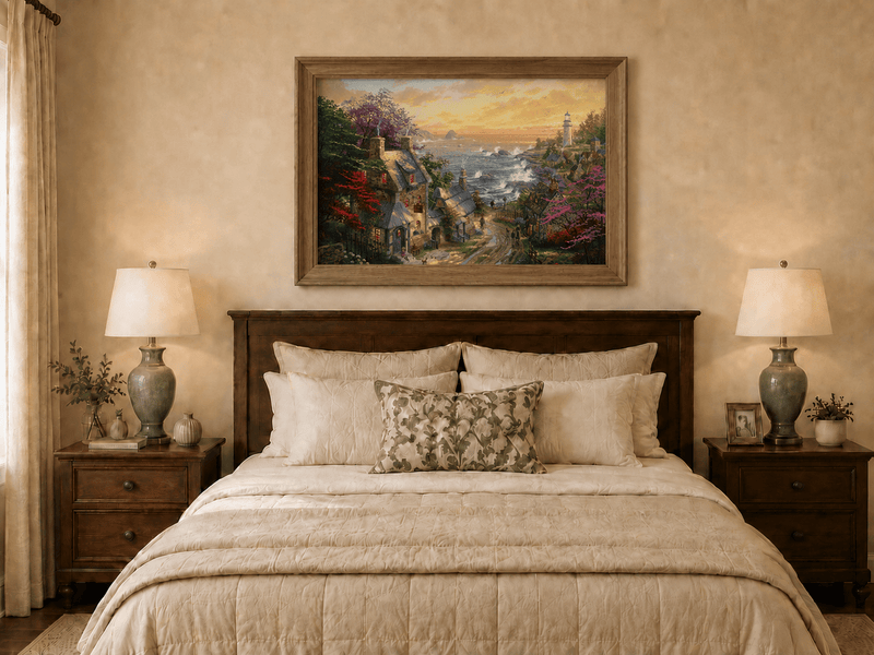 Landscape Oil Painting - Coastal Village with Lighthouse & Sunset