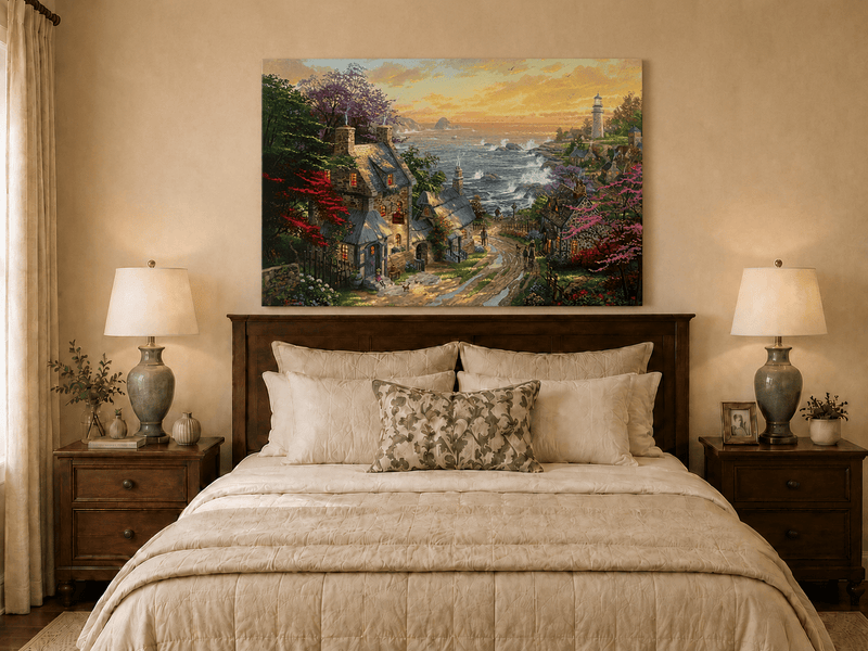 Landscape Oil Painting - Coastal Village with Lighthouse & Sunset
