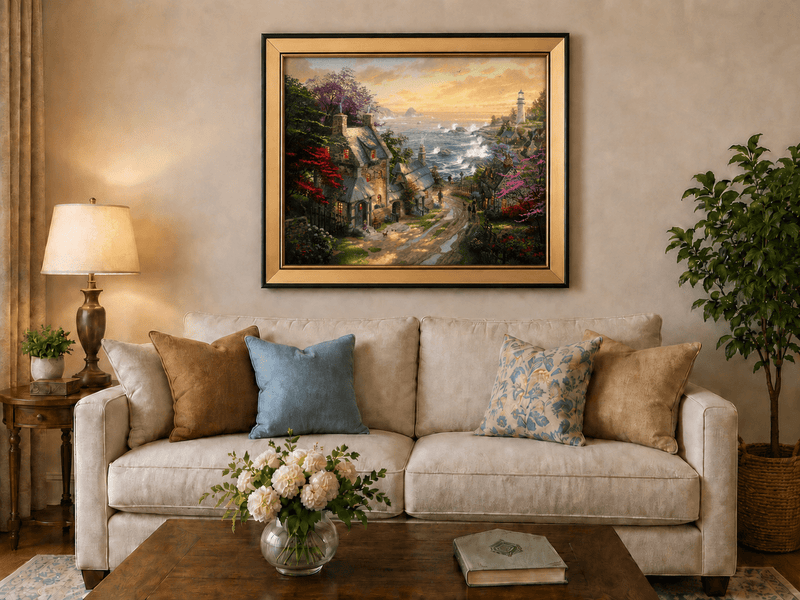 Landscape Oil Painting - Coastal Village with Lighthouse & Sunset