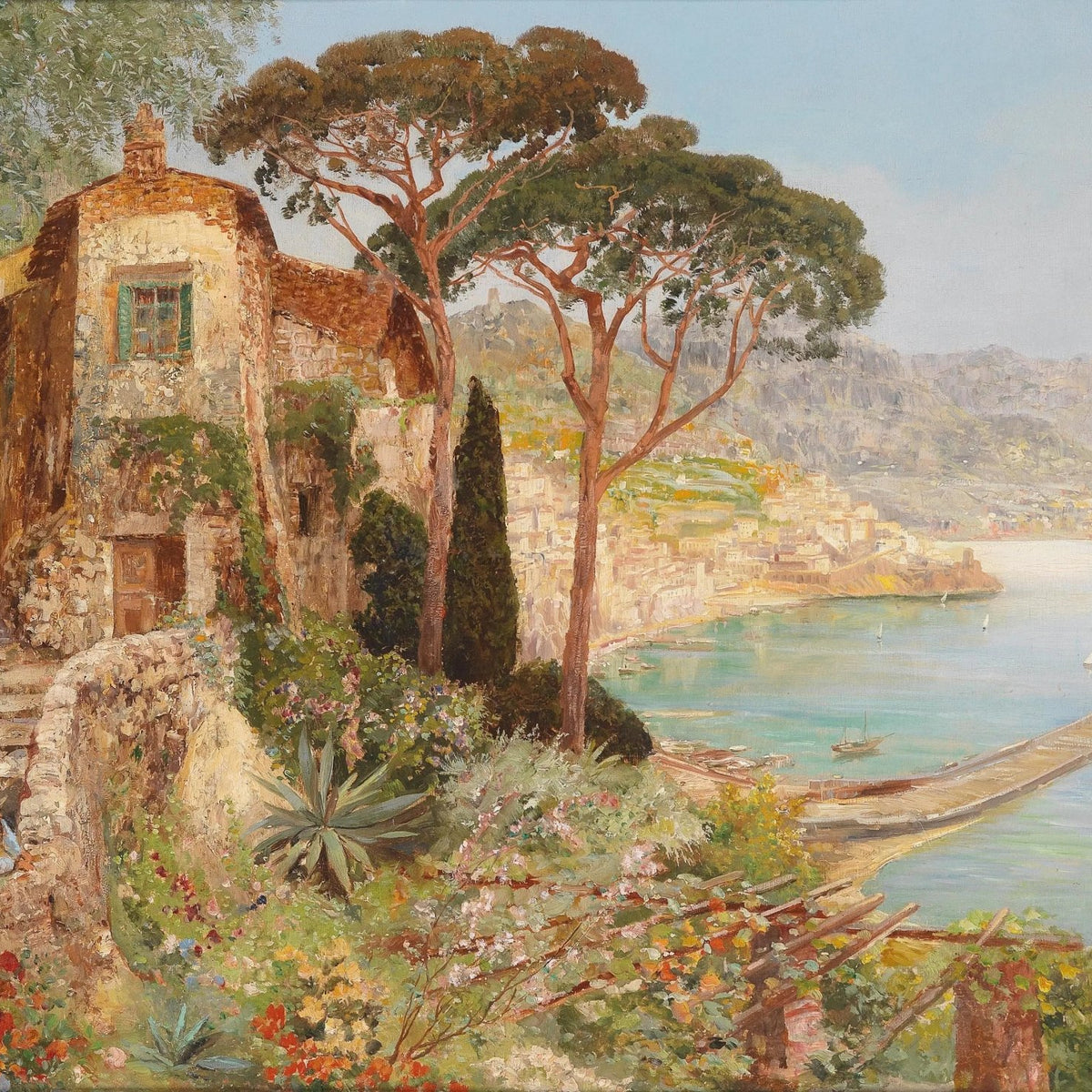 Landscape Oil Painting - Coastal Village with Sea & Flowers - Oil Painting Haven