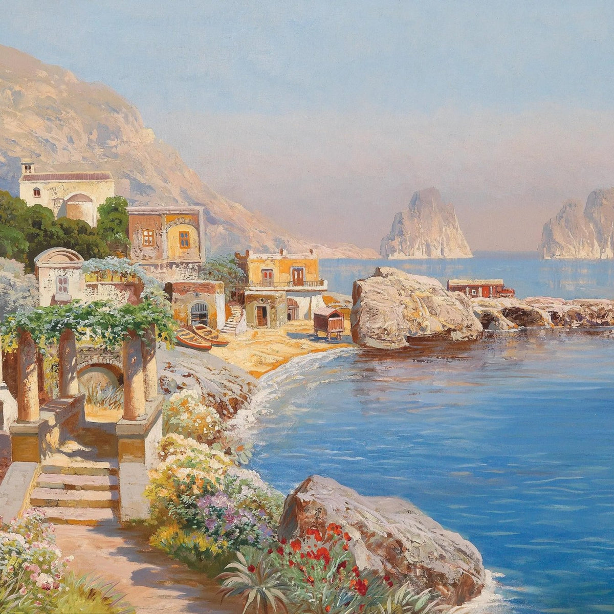 Landscape Oil Painting - Coastal Village with Sea & Rocks - Oil Painting Haven
