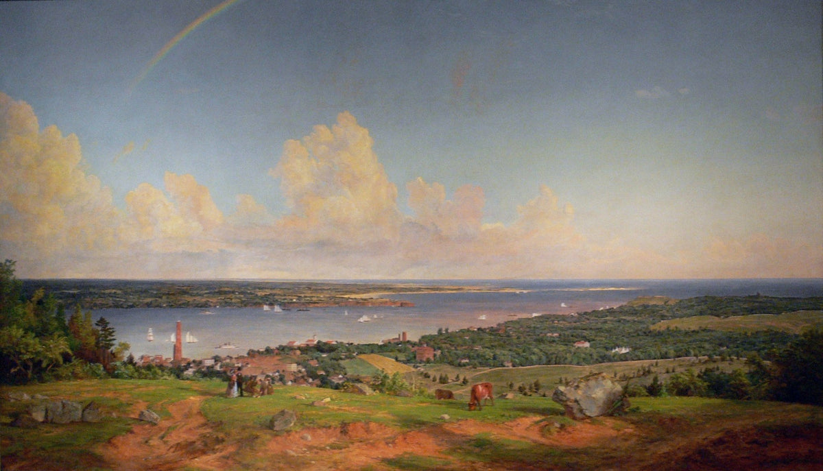 Landscape Oil Painting - Coastal Vista with Rainbow and Town - Oil Painting Haven