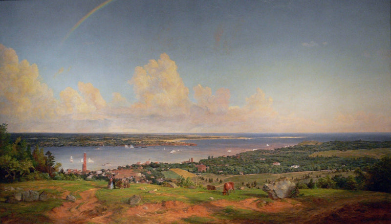 Landscape Oil Painting - Coastal Vista with Rainbow and Town - Oil Painting Haven