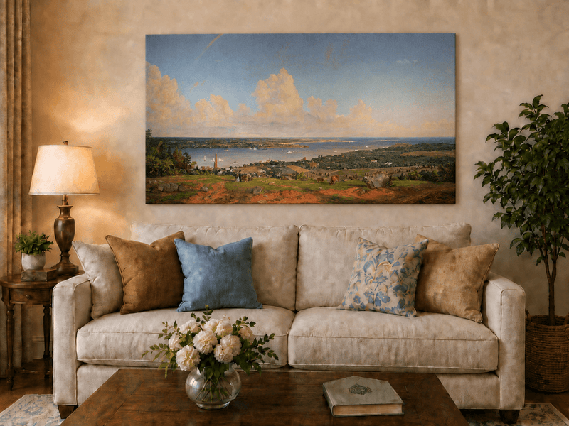 Landscape Oil Painting - Coastal Vista with Rainbow and Town